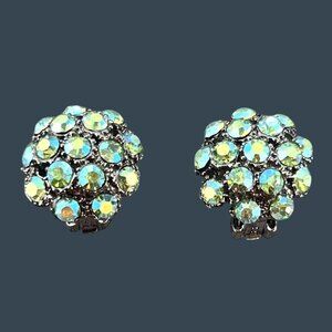 Vintage Aurora Borealis Rhinestone Dome Cluster Clip On Earrings Silver Tone